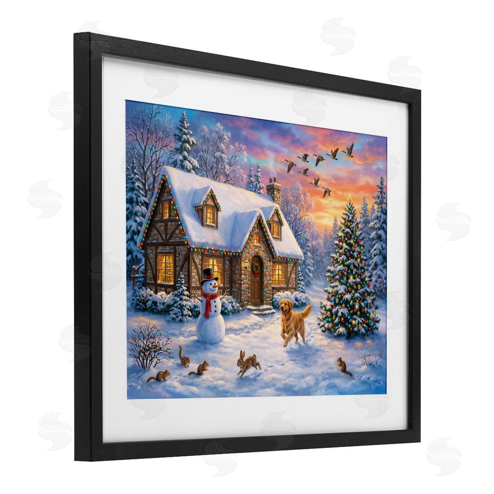 Imagine It Images Animals & Winter Stone Cottage Black Framed Print Under Glass Wall Art