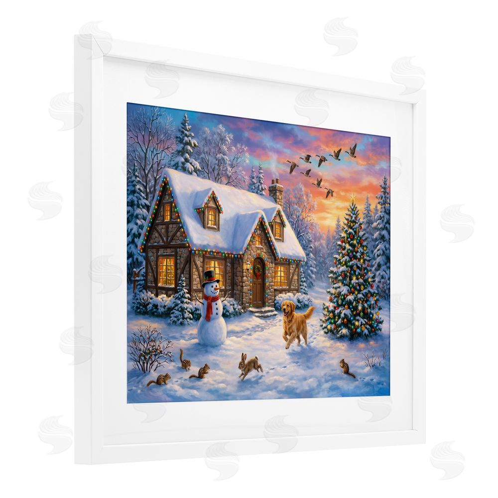 Imagine It Images Animals & Winter Stone Cottage White Framed Print Under Glass Wall Art