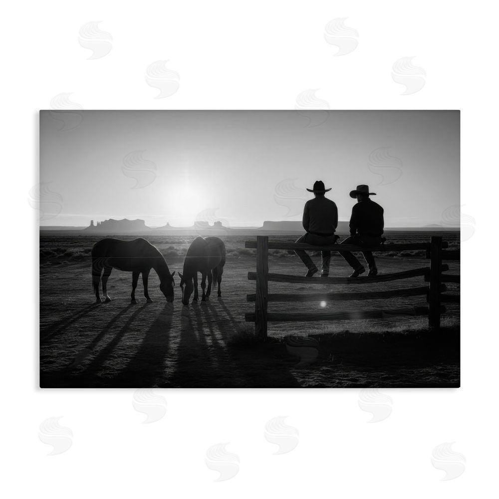 A Barefoot Stylist After The Ride Cowboy Silhouettes Stretched Canvas Wall Art Print
