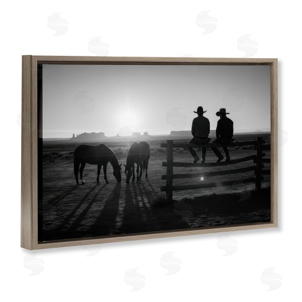 A Barefoot Stylist After The Ride Cowboy Silhouettes Brown Floating Frame Canvas Wall Art Print