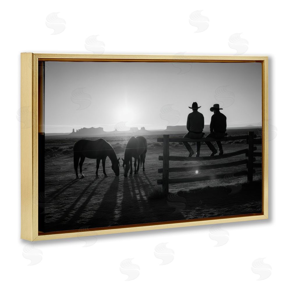 A Barefoot Stylist After The Ride Cowboy Silhouettes Gold Floating Frame Canvas Wall Art Print