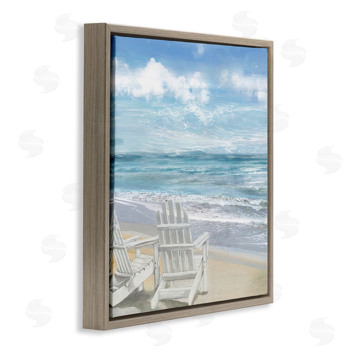 White Adirondack Chairs on Beach Brown Floating Frame Canvas Wall Art, Home Decor by Main Line Art & Design