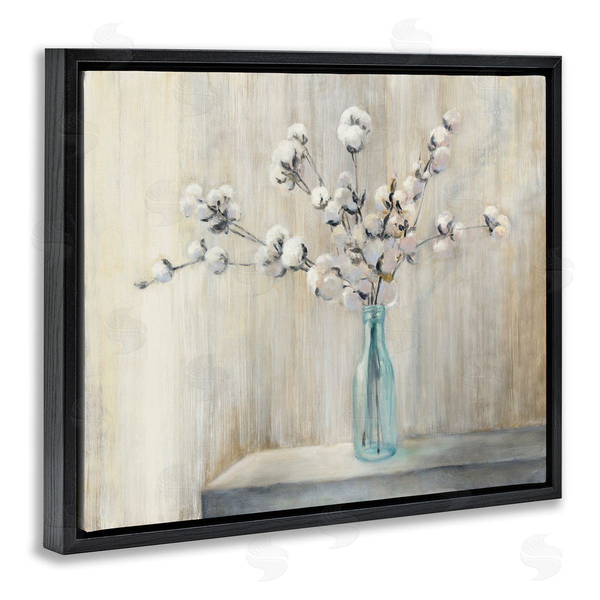 Beautiful Cotton Flower Painting Black Floating Frame Canvas Wall Art, Home Decor by Julia Purinton