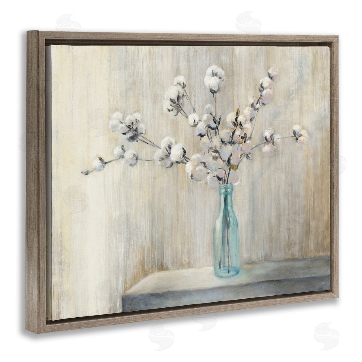 Beautiful Cotton Flower Painting Brown Floating Frame Canvas Wall Art, Home Decor by Julia Purinton