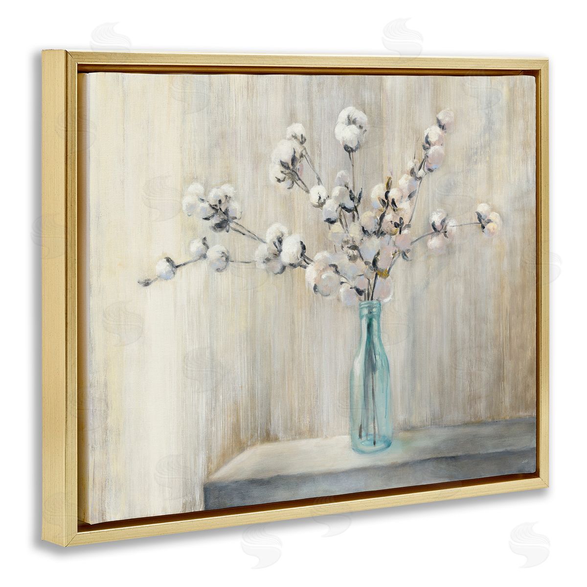 Beautiful Cotton Flower Painting Gold Floating Frame Canvas Wall Art, Home Decor by Julia Purinton