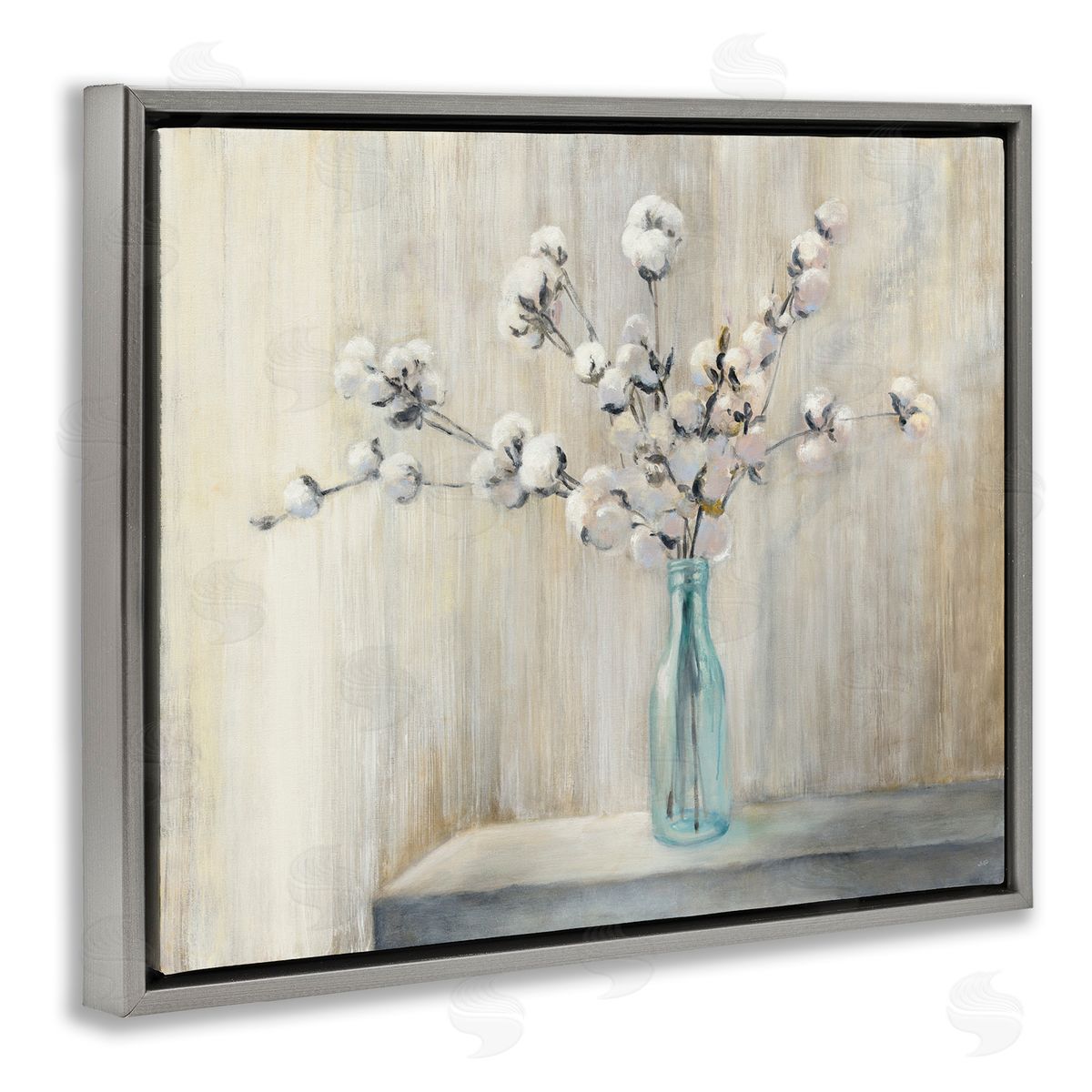 Beautiful Cotton Flower Painting Grey Floating Frame Canvas Wall Art, Home Decor by Julia Purinton