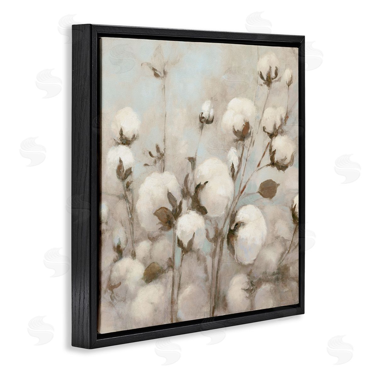 Neutral Cotton Flower Painting Black Floating Frame Canvas Wall Art, Home Decor by Julia Purinton