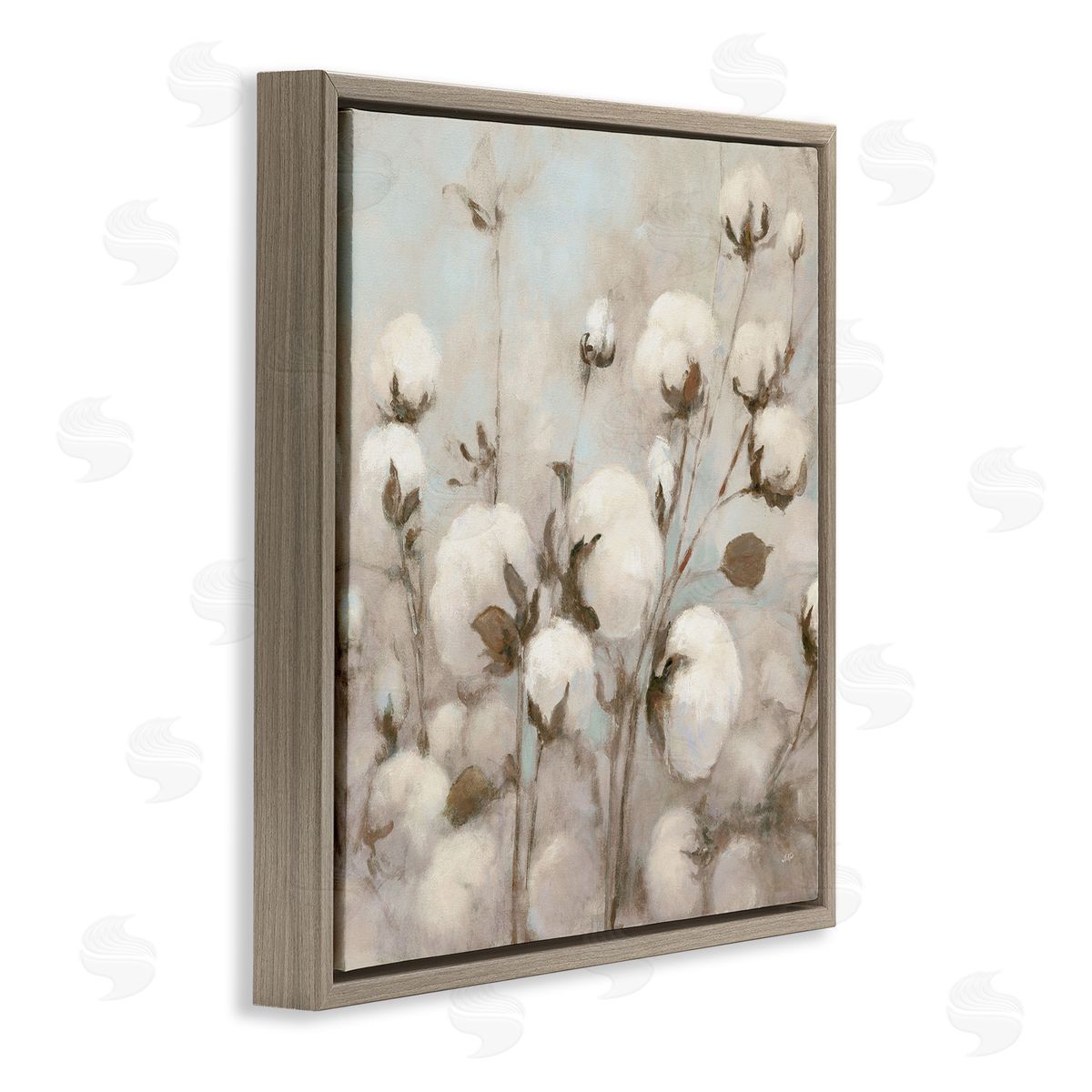 Neutral Cotton Flower Painting Brown Floating Frame Canvas Wall Art, Home Decor by Julia Purinton