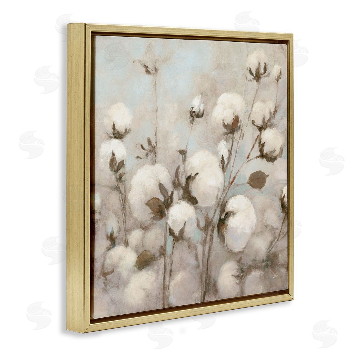 Neutral Cotton Flower Painting Gold Floating Frame Canvas Wall Art, Home Decor by Julia Purinton