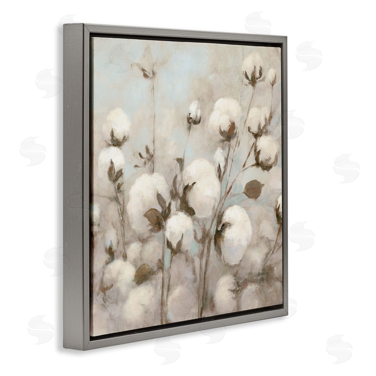 Neutral Cotton Flower Painting Grey Floating Frame Canvas Wall Art, Home Decor by Julia Purinton