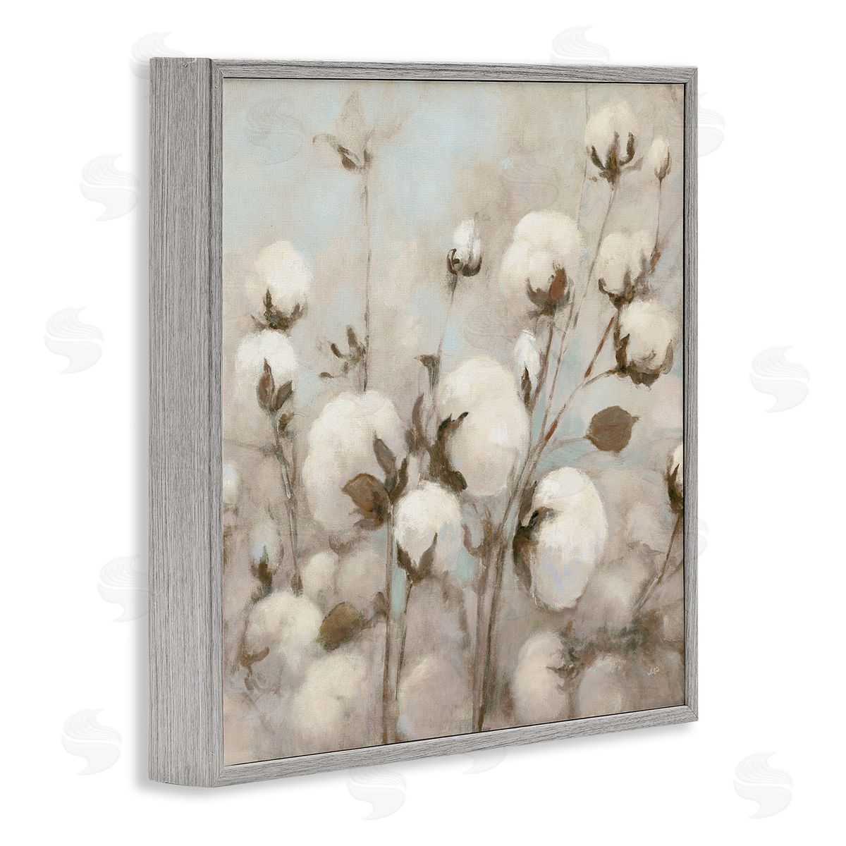 Neutral Cotton Flower Painting Grey Frame Print Wall Art, Home Decor by Julia Purinton