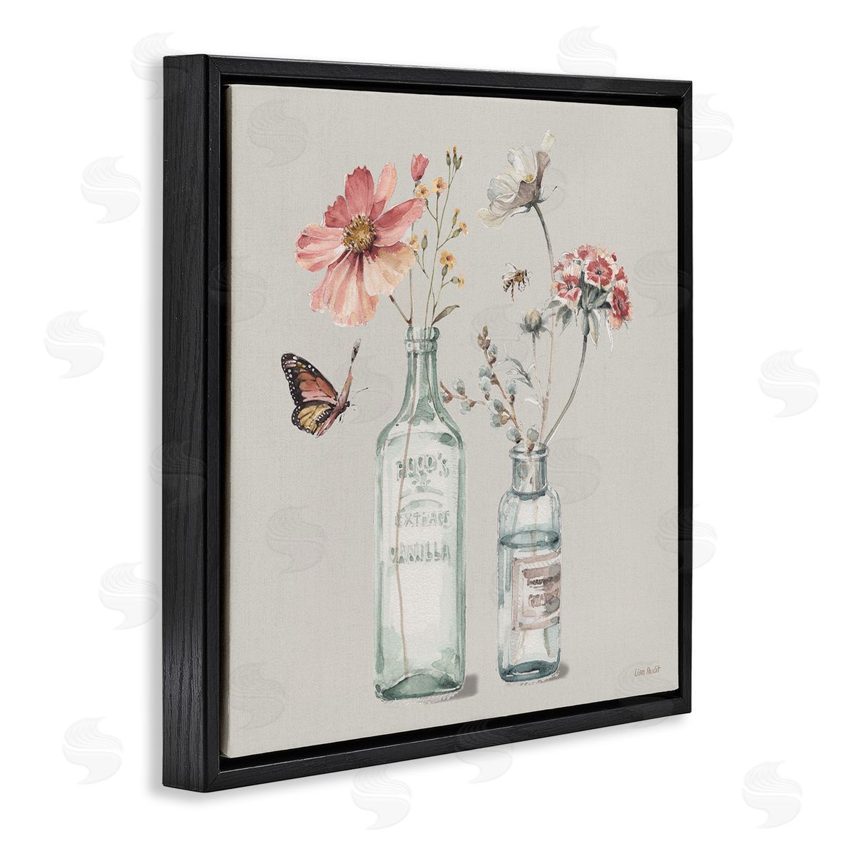 Flower Jar Butterfly Painting Black Floating Frame Canvas Wall Art, Home Decor by Lisa Audit