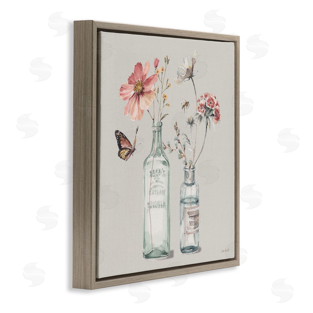 Flower Jar Butterfly Painting Brown Floating Frame Canvas Wall Art, Home Decor by Lisa Audit