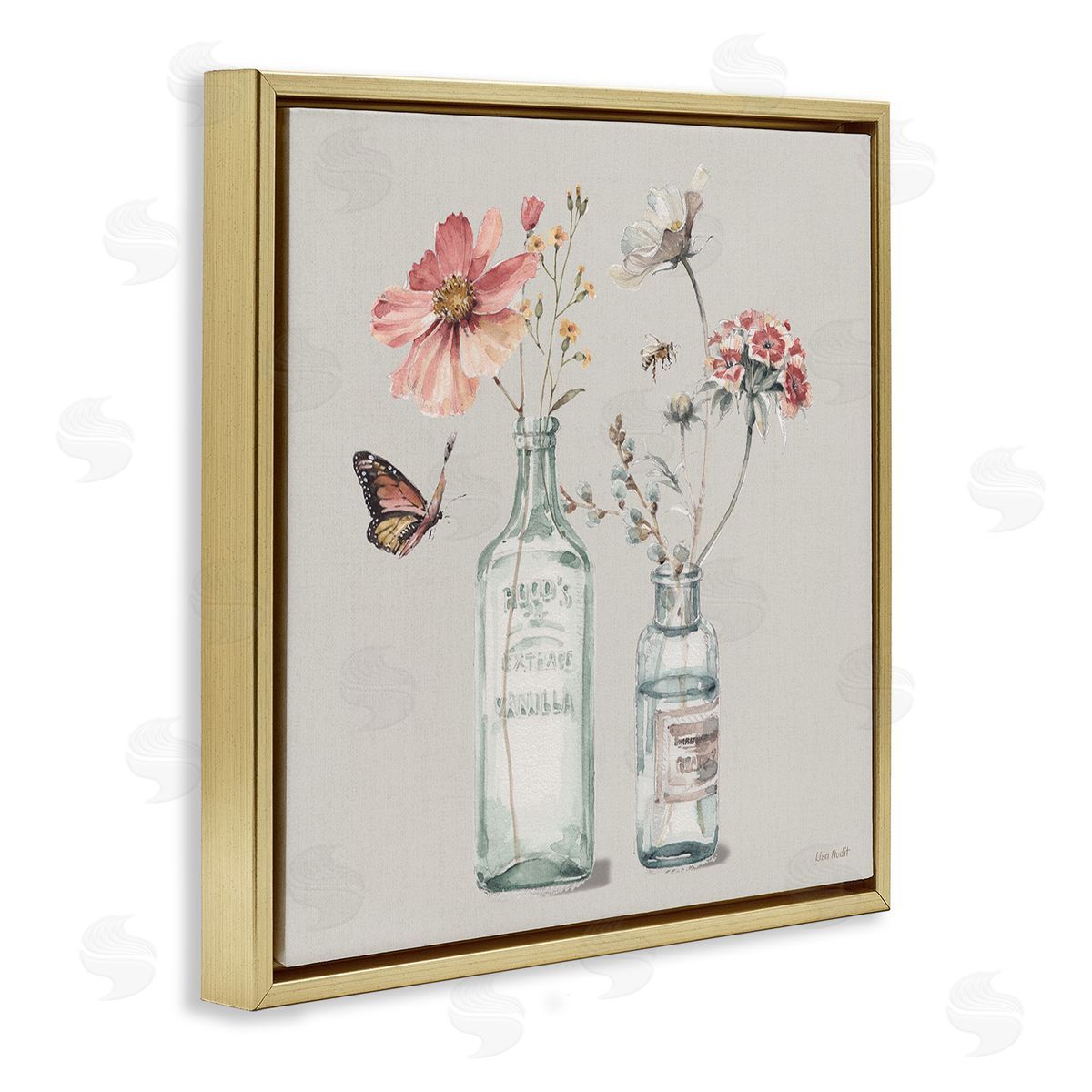 Flower Jar Butterfly Painting Gold Floating Frame Canvas Wall Art, Home Decor by Lisa Audit