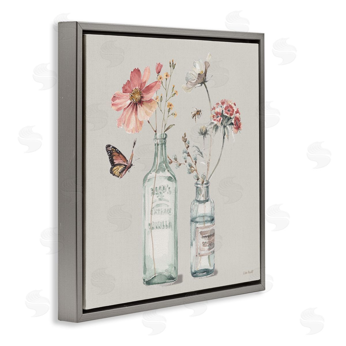 Flower Jar Butterfly Painting Grey Floating Frame Canvas Wall Art, Home Decor by Lisa Audit
