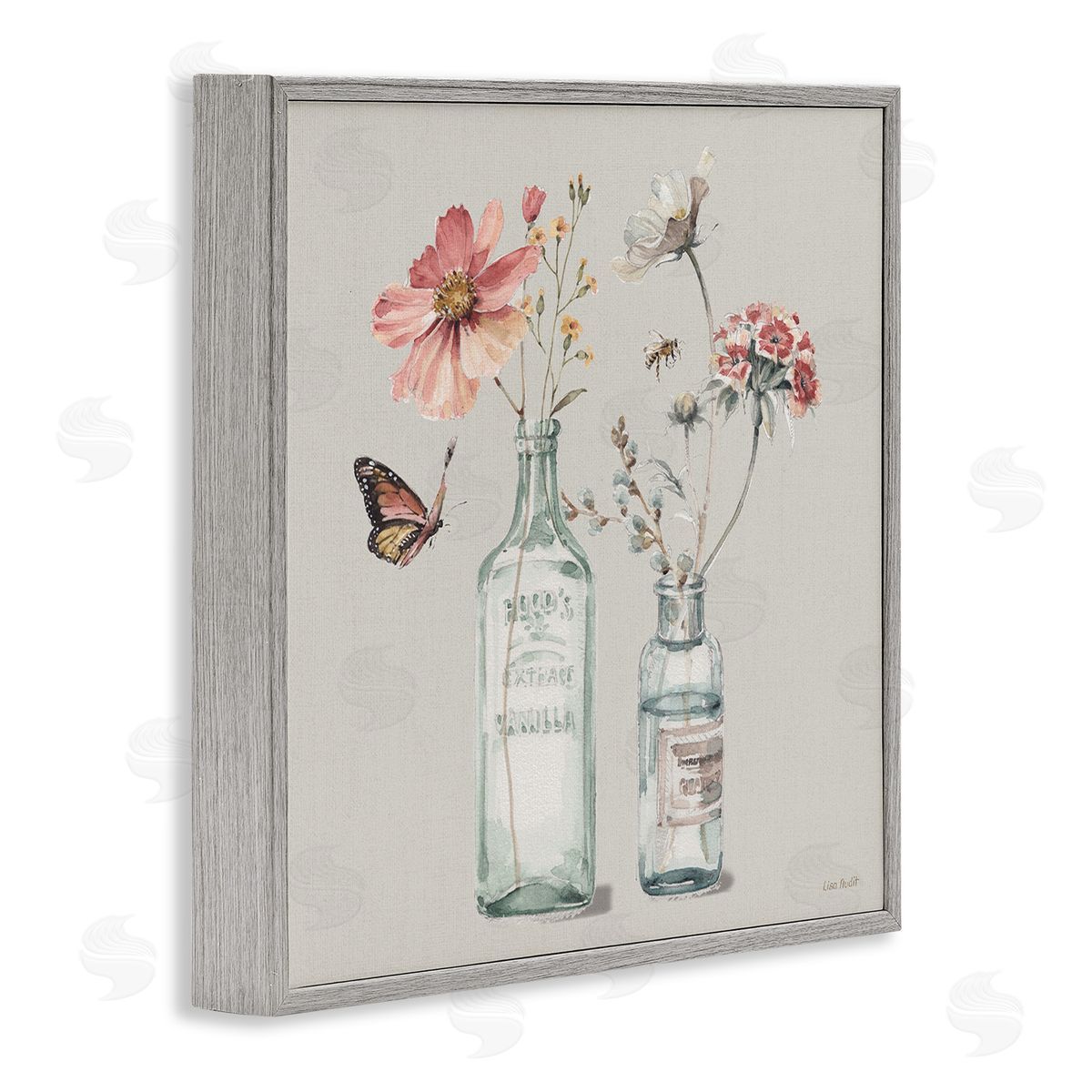 Flower Jar Butterfly Painting Grey Frame Print Wall Art, Home Decor by Lisa Audit