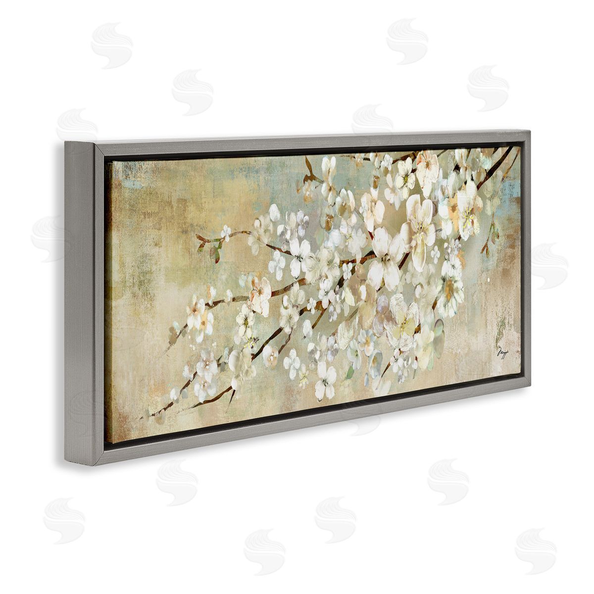 Blooming Flower Tree Branch Painting Grey Floating Frame Canvas Wall Art, Home Decor by Main Line Studio