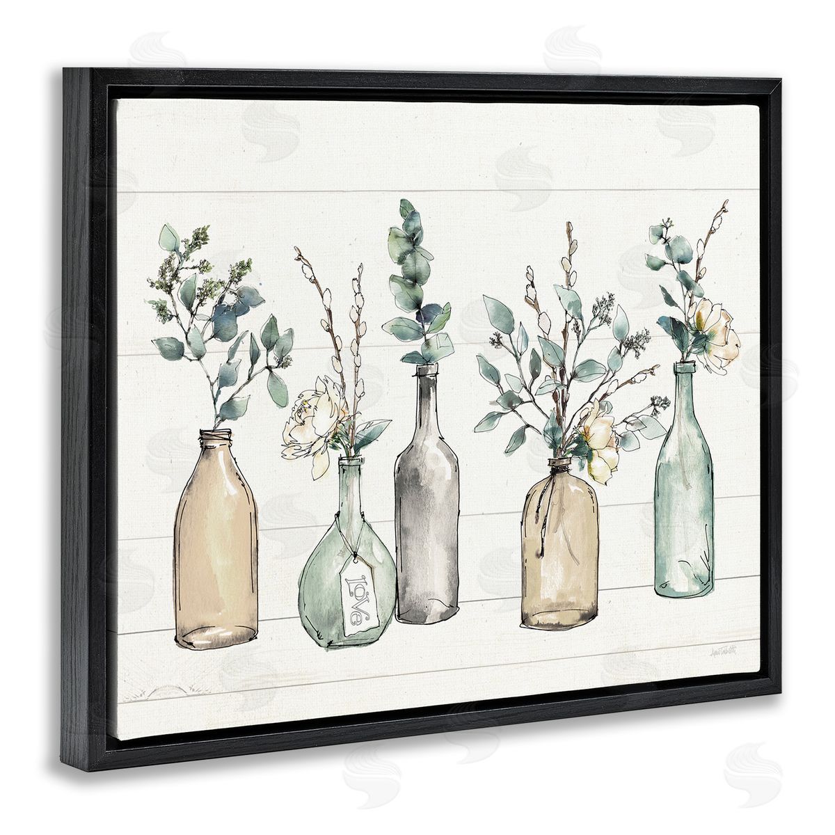 Bottles And Plants Vases Black Floating Frame Canvas Wall Art, Home Decor by Anne Tavoletti