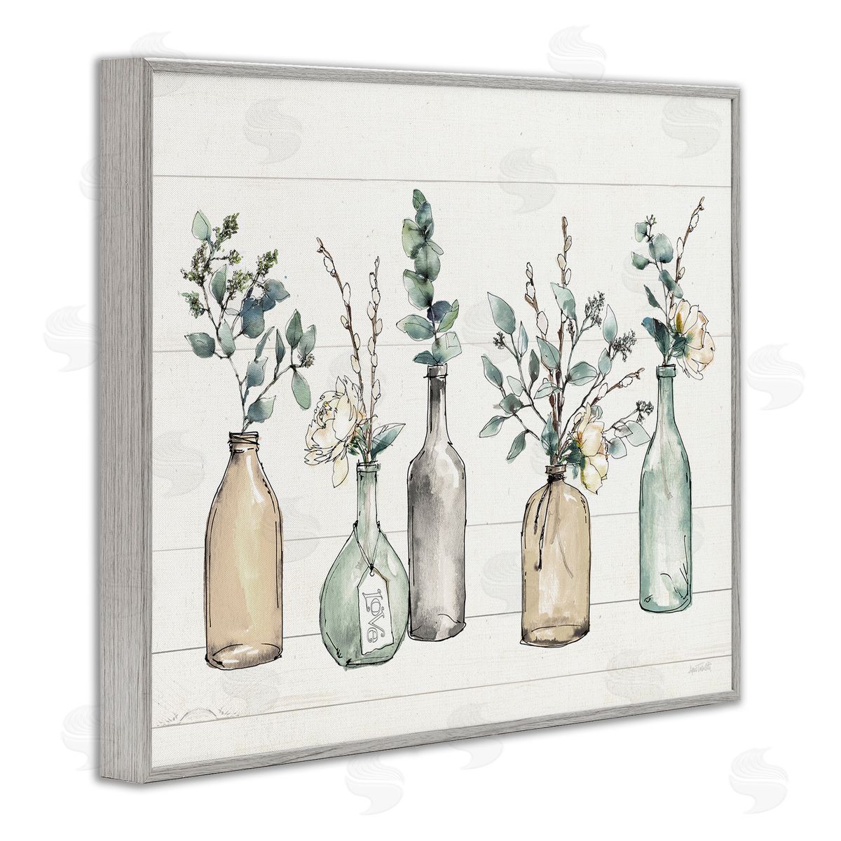 Bottles And Plants Vases Grey Frame Print Wall Art, Home Decor by Anne Tavoletti