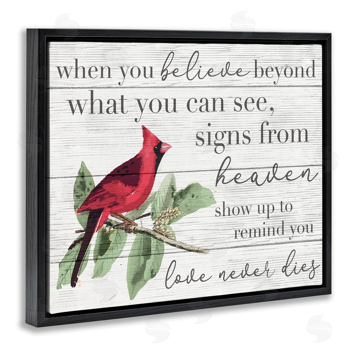 Love Never Dies Inspirational Cardinal Black Floating Frame Canvas Wall Art, Home Decor by Stupell Studio