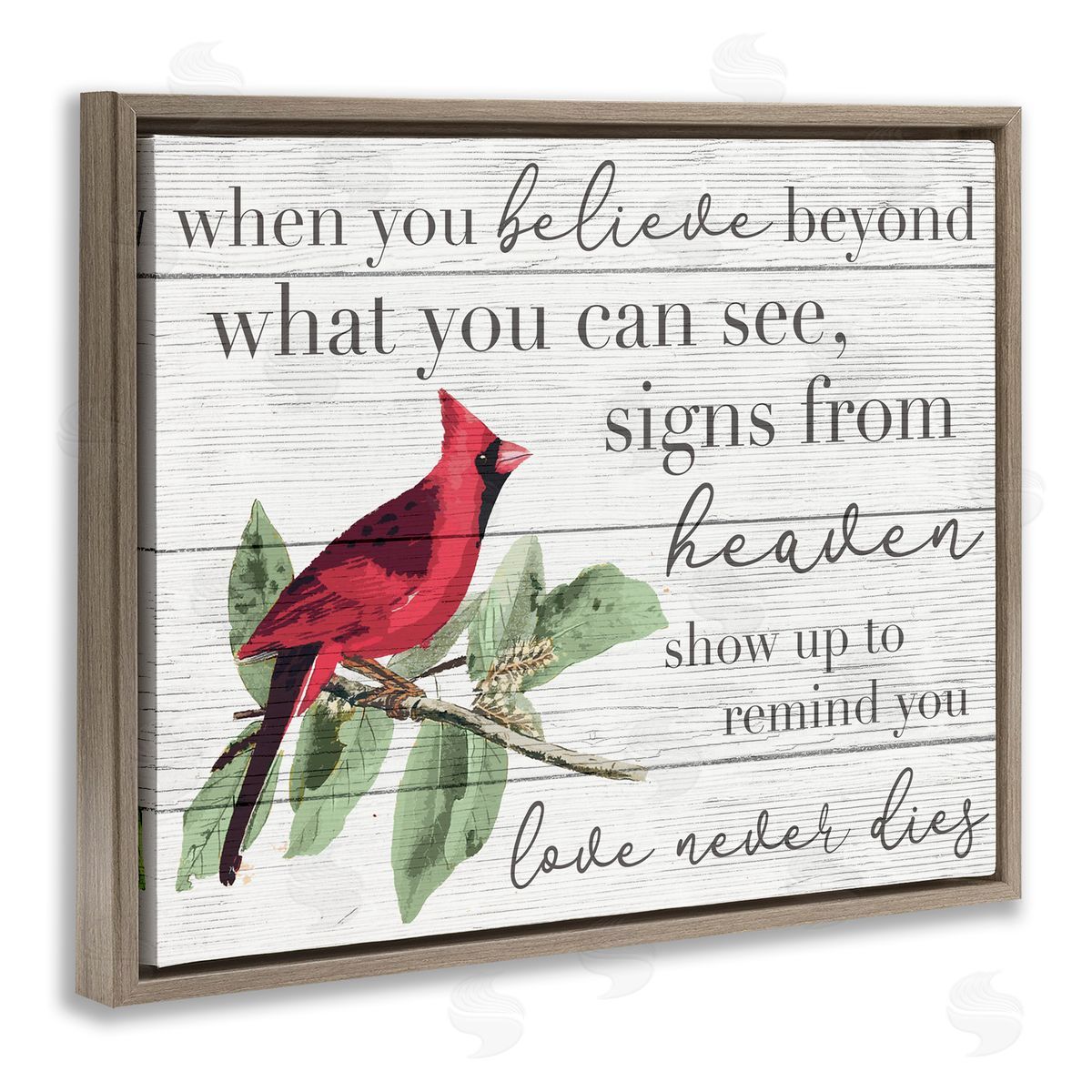 Love Never Dies Inspirational Cardinal Brown Floating Frame Canvas Wall Art, Home Decor by Stupell Studio