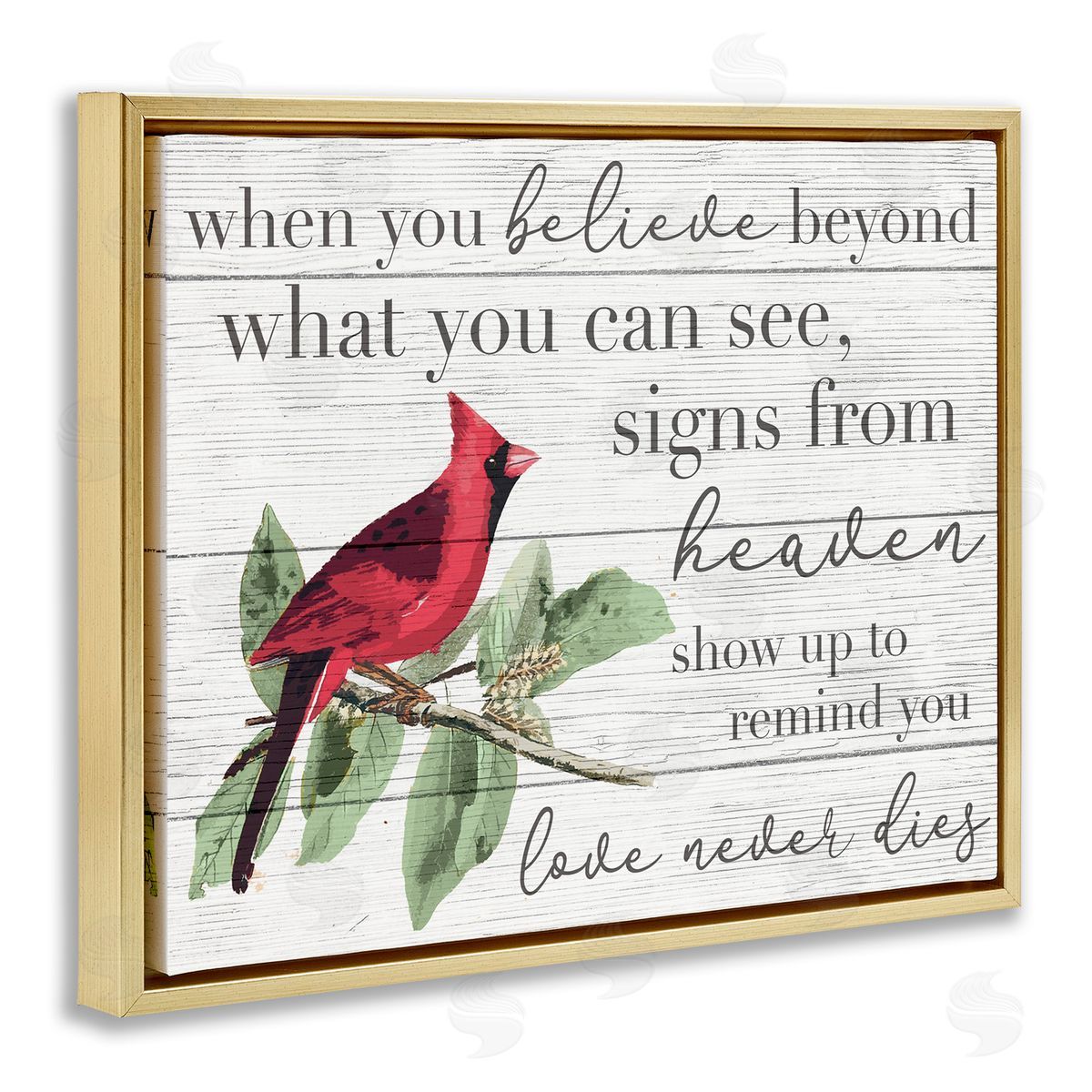 Love Never Dies Inspirational Cardinal Gold Floating Frame Canvas Wall Art, Home Decor by Stupell Studio