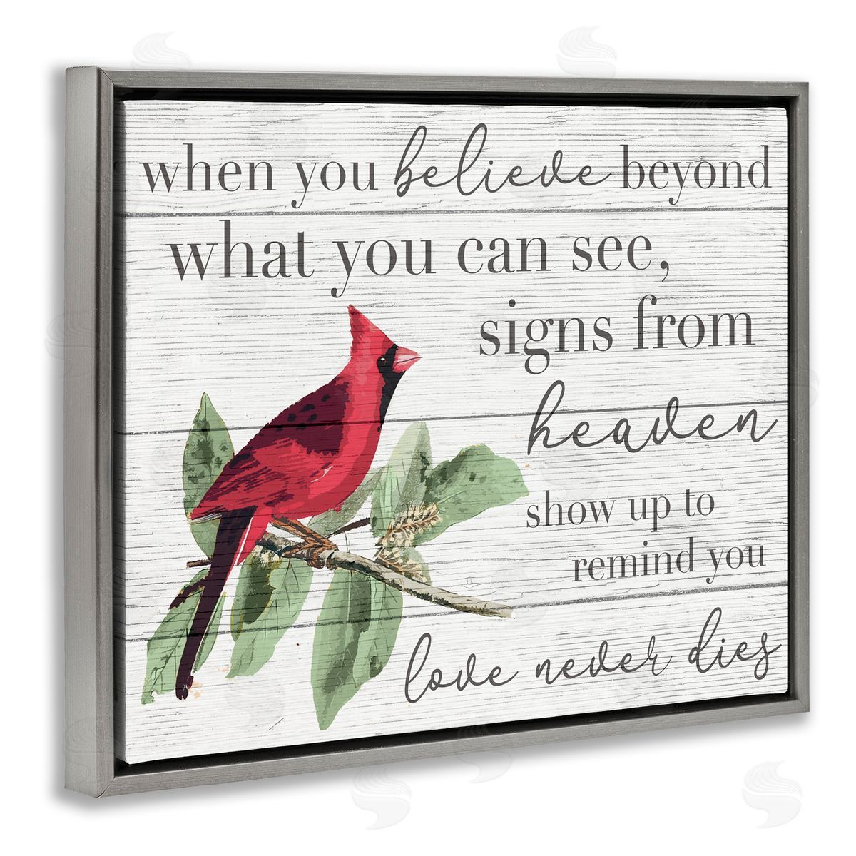 Love Never Dies Inspirational Cardinal Grey Floating Frame Canvas Wall Art, Home Decor by Stupell Studio
