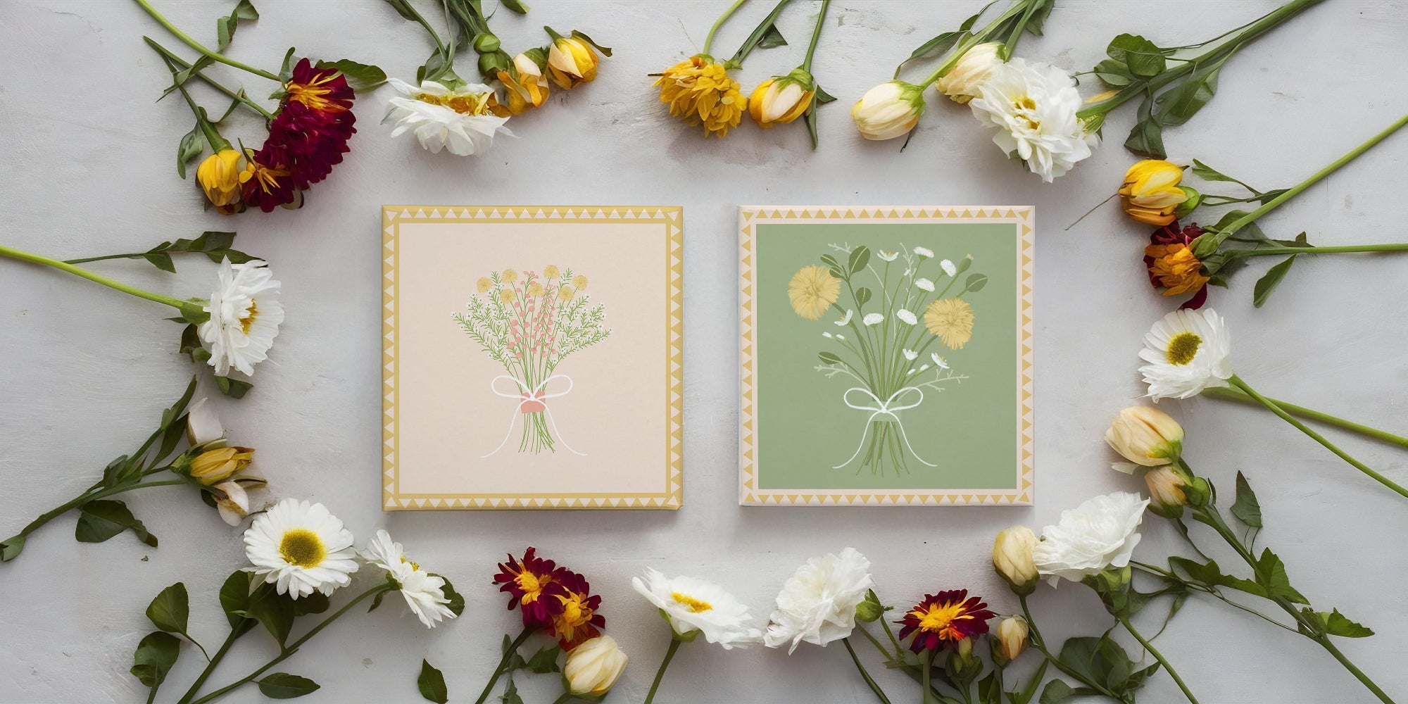 Two framed floral illustrations surrounded by real flowers on a light surface