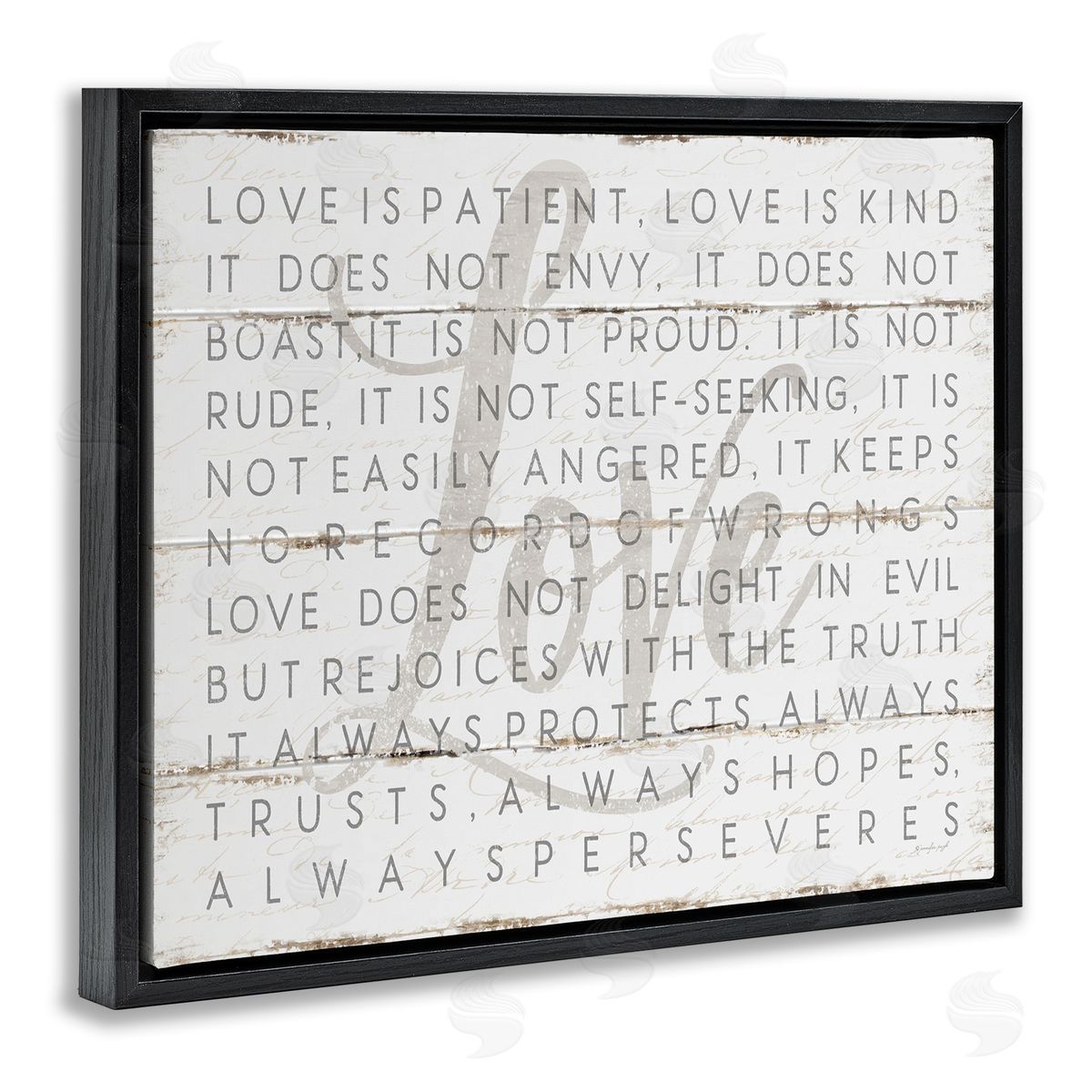 Love Is Patient Grey on White Planked Look Black Floating Frame Canvas Wall Art, Home Decor by Jennifer Pugh