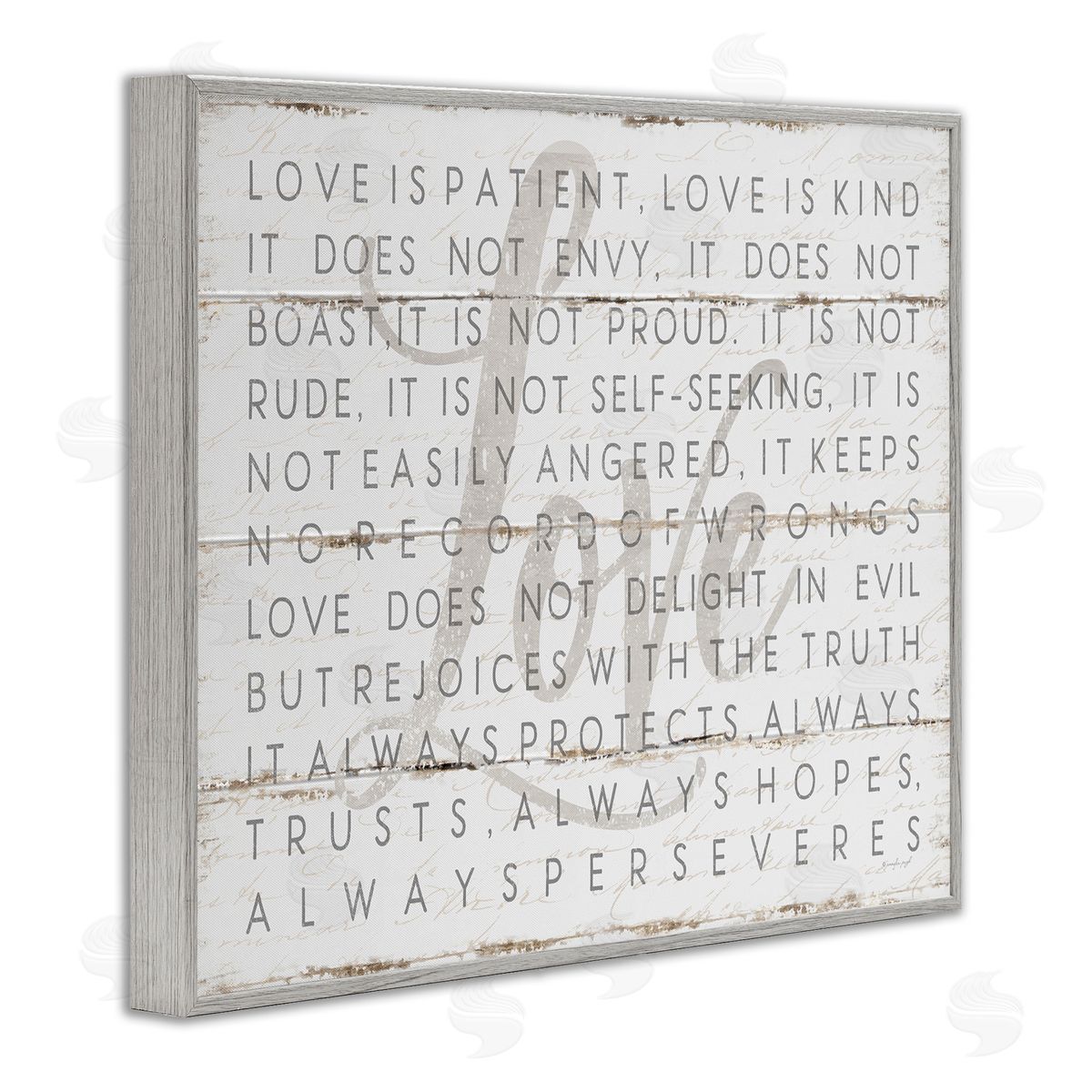 Love Is Patient Grey on White Planked Look Grey Frame Print Wall Art, Home Decor by Jennifer Pugh