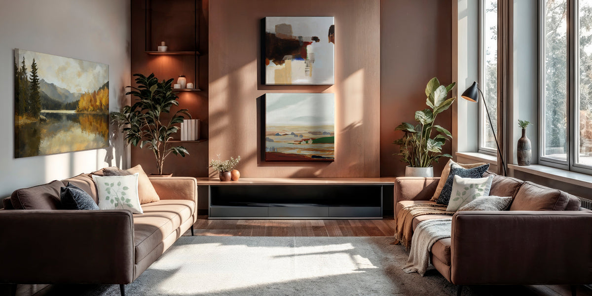 A modern living room with two brown sofas facing each other, a low black media console, wall art, plants, and large windows with warm sunlight streaming in.