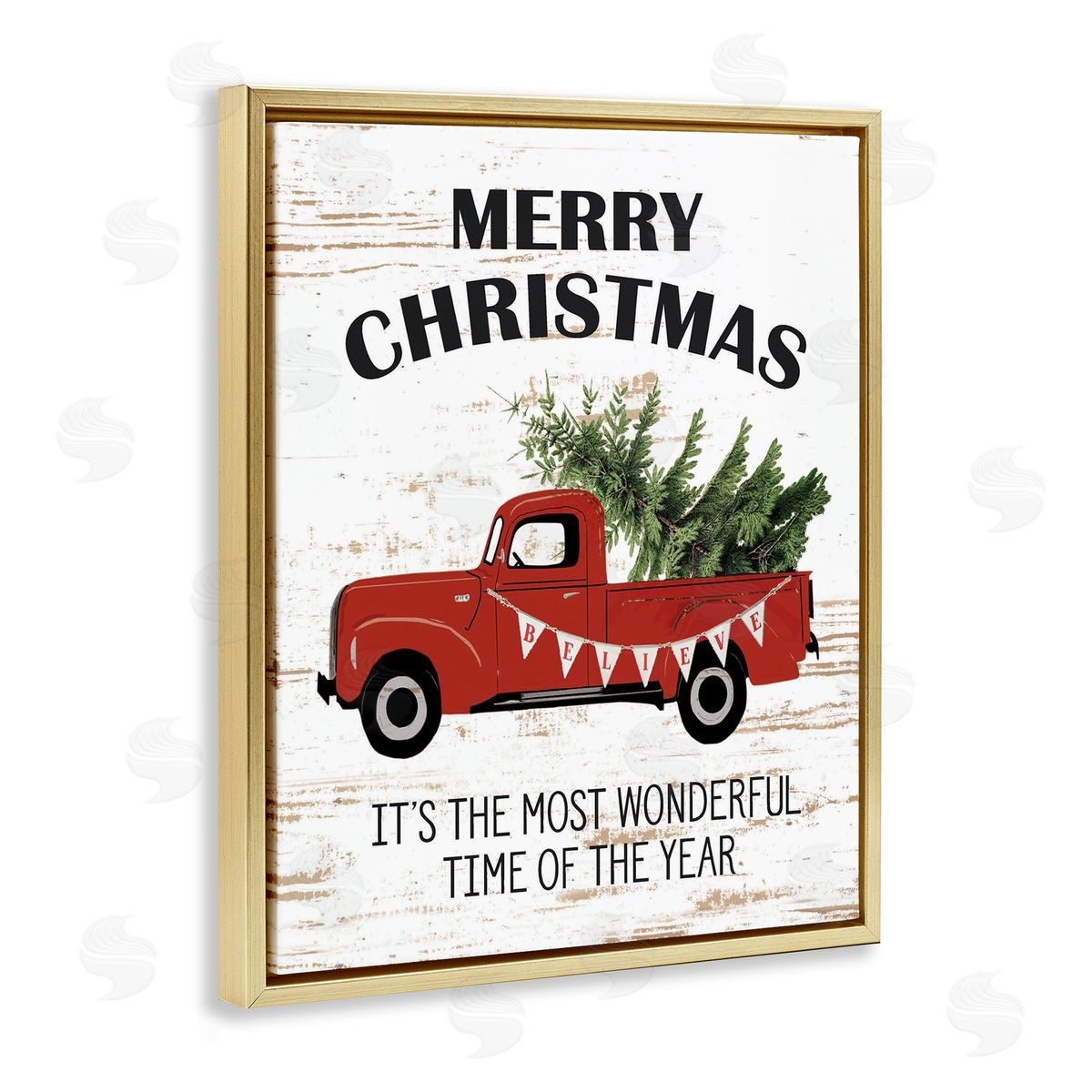 Christmas Most Wonderful Time Vintage Truck Gold Floating Frame Canvas Wall Art, Home Decor by Lettered and Lined