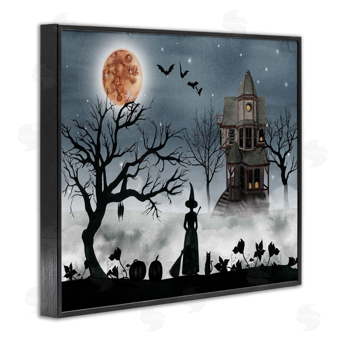 Witch & Haunted House Scene Black Frame Print Wall Art, Home Decor by Grace Popp