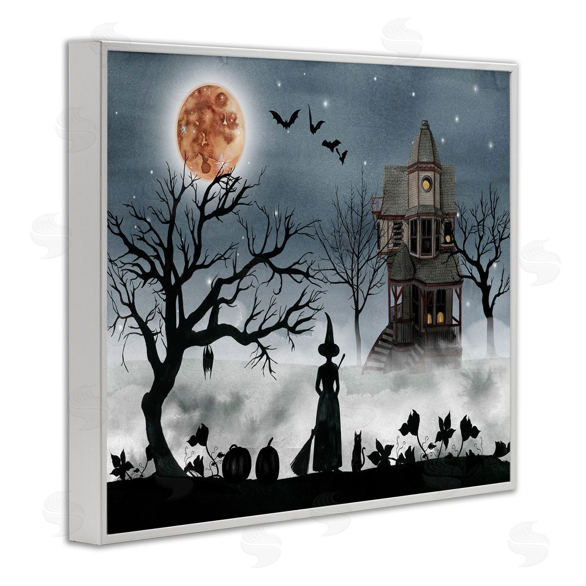 Witch & Haunted House Scene White Frame Print Wall Art, Home Decor by Grace Popp