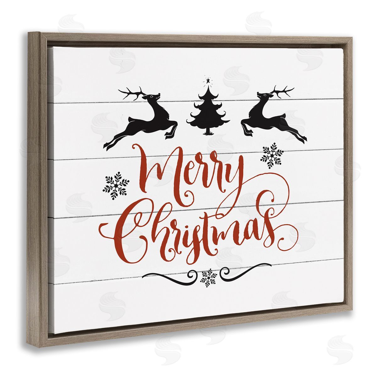 Merry Christmas with Reindeer Brown Floating Frame Canvas Wall Art, Home Decor by Lettered and Lined