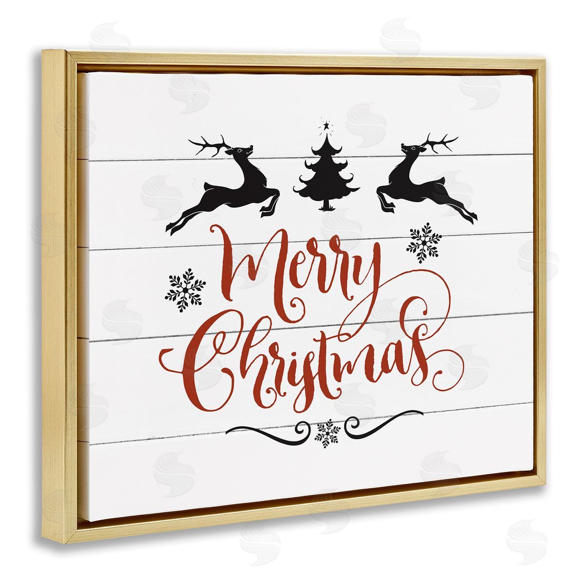Merry Christmas with Reindeer Gold Floating Frame Canvas Wall Art, Home Decor by Lettered and Lined
