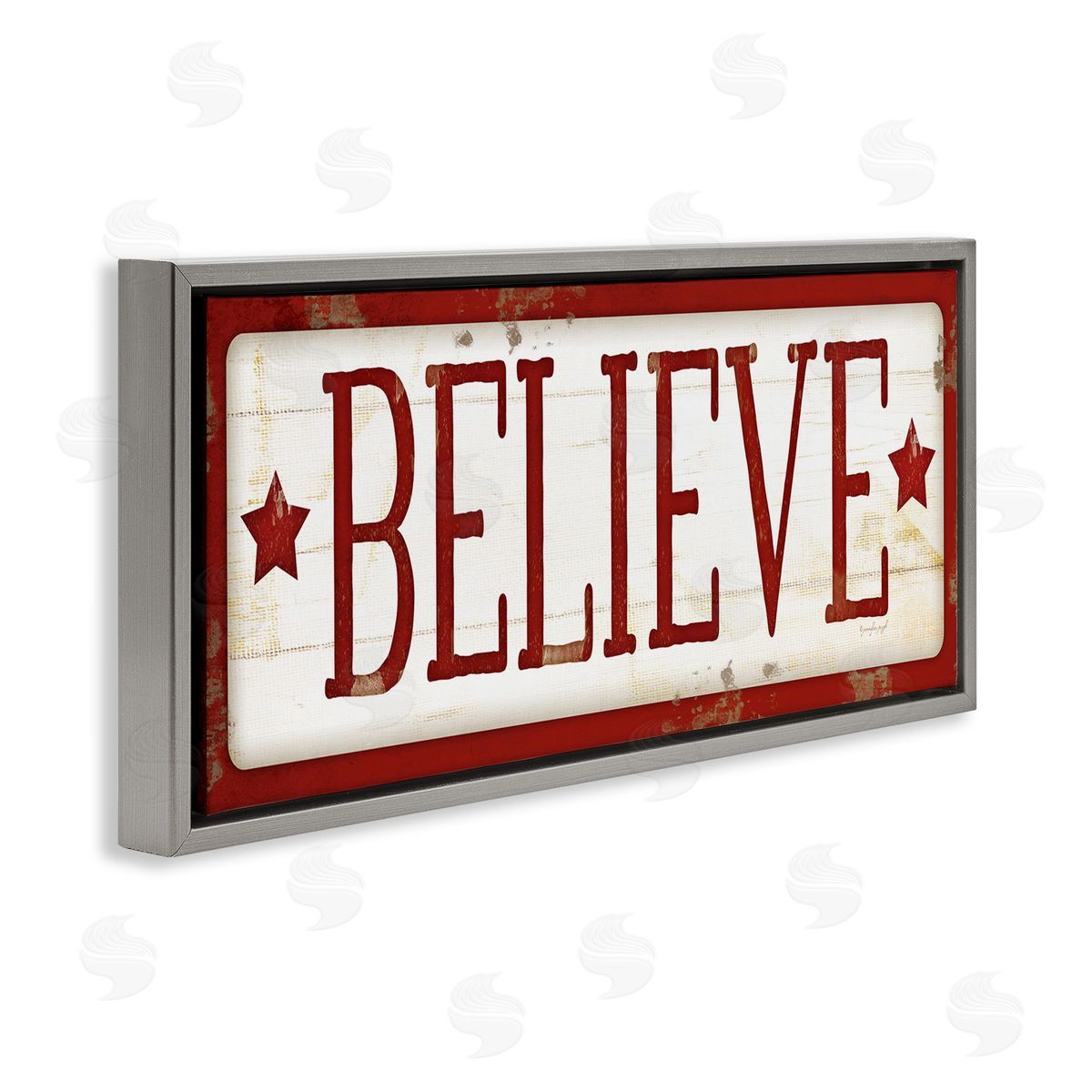 Believe Red Christmas Phrase Grey Floating Frame Canvas Wall Art, Home Decor by Jennifer Pugh