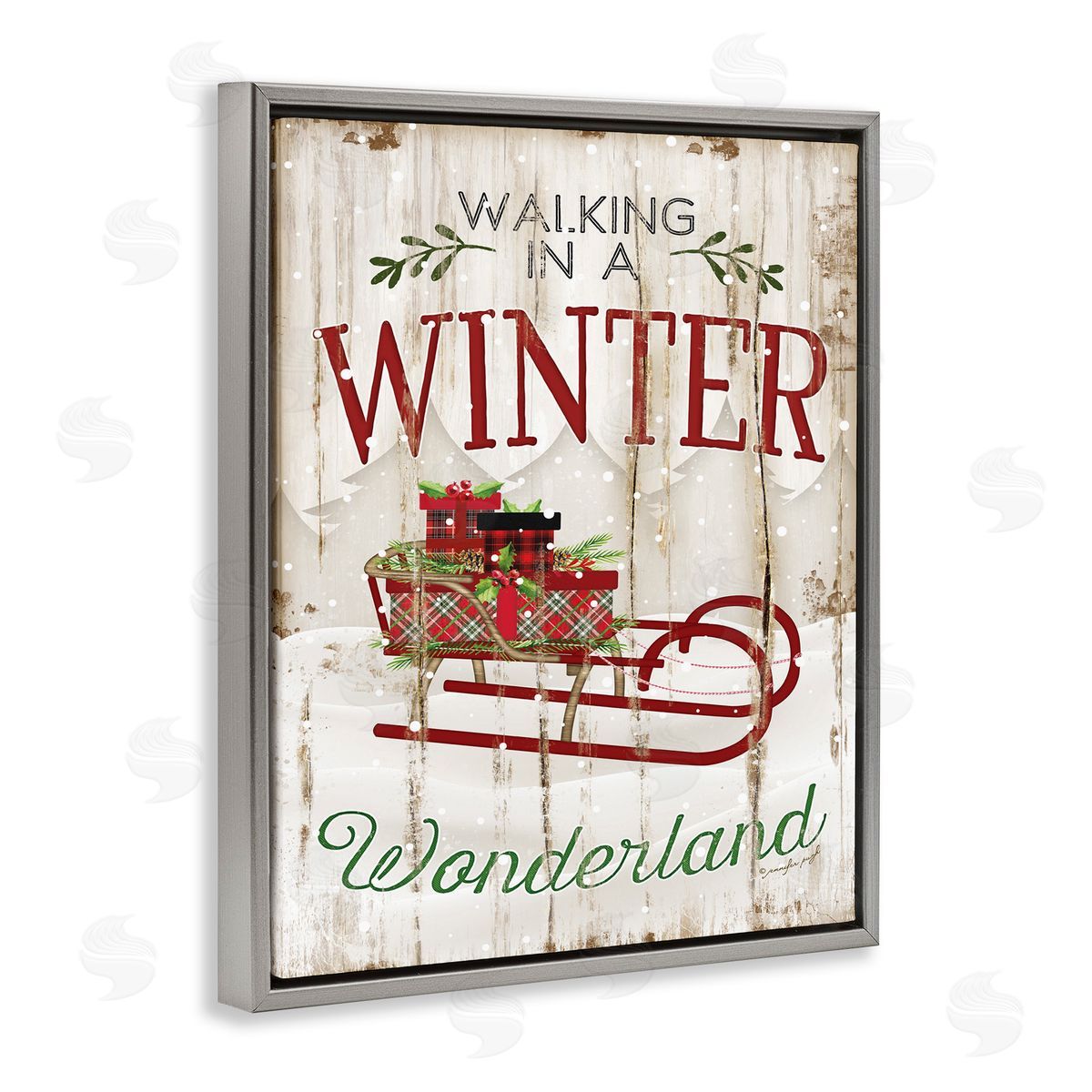 Rustic Winter Wonderland Sleigh Grey Floating Frame Canvas Wall Art, Home Decor by Jennifer Pugh