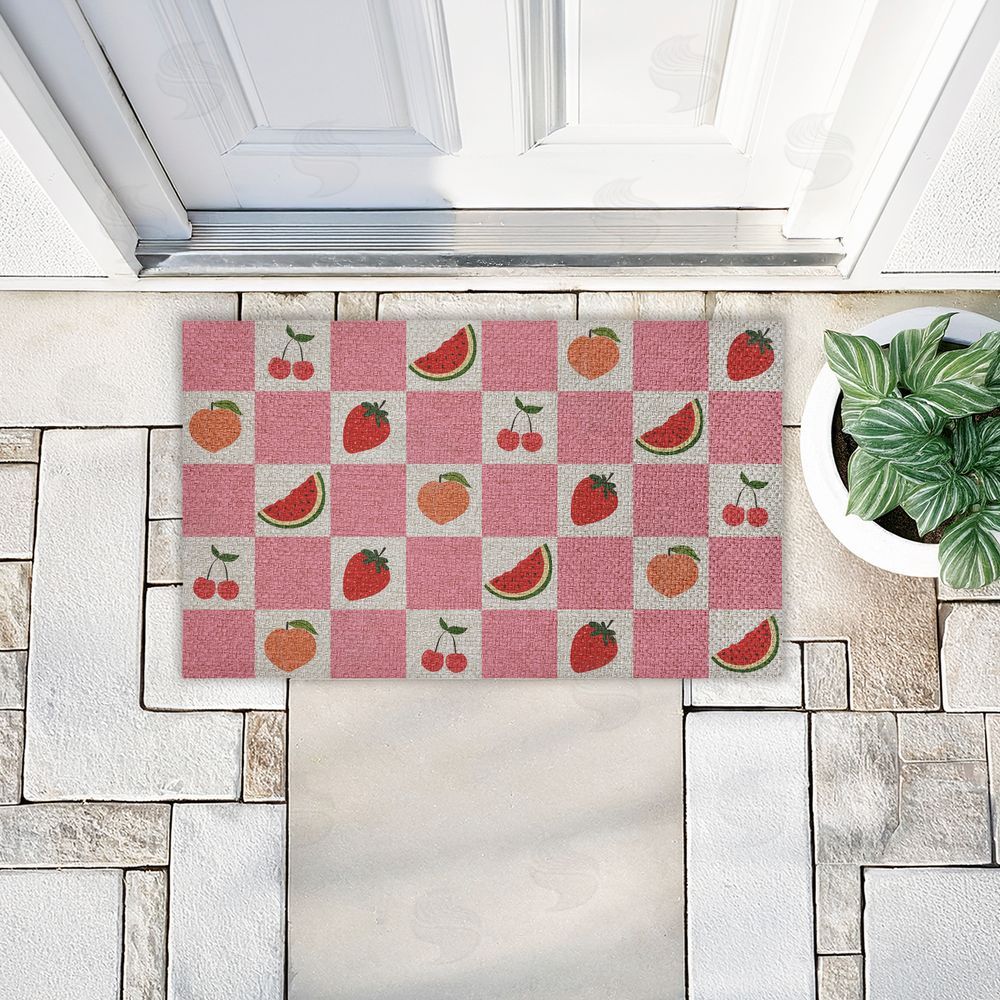 Stupell Studio Pink Kitchen Fruits Checkered Outdoor Faux Sisal Door Mat