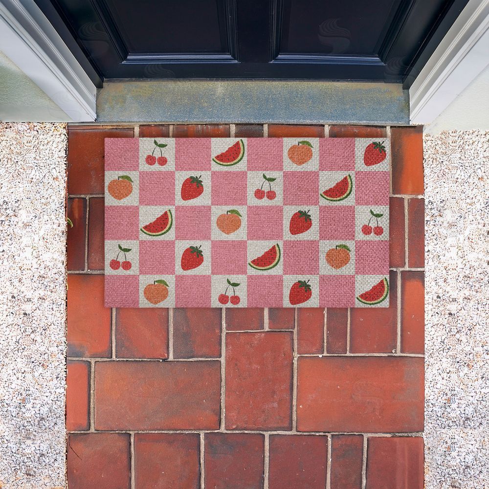 Stupell Studio Pink Kitchen Fruits Checkered Outdoor Faux Sisal Door Mat