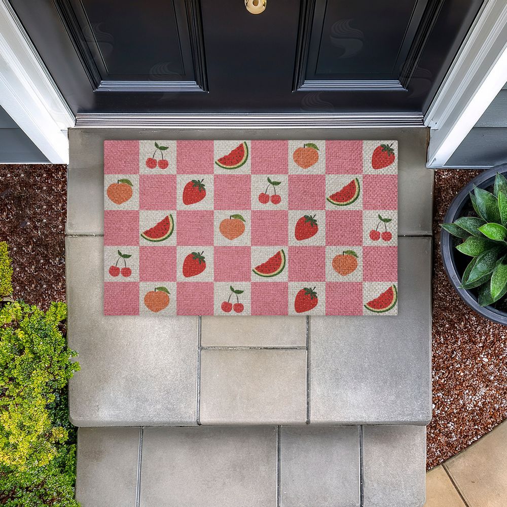Stupell Studio Pink Kitchen Fruits Checkered Outdoor Faux Sisal Door Mat