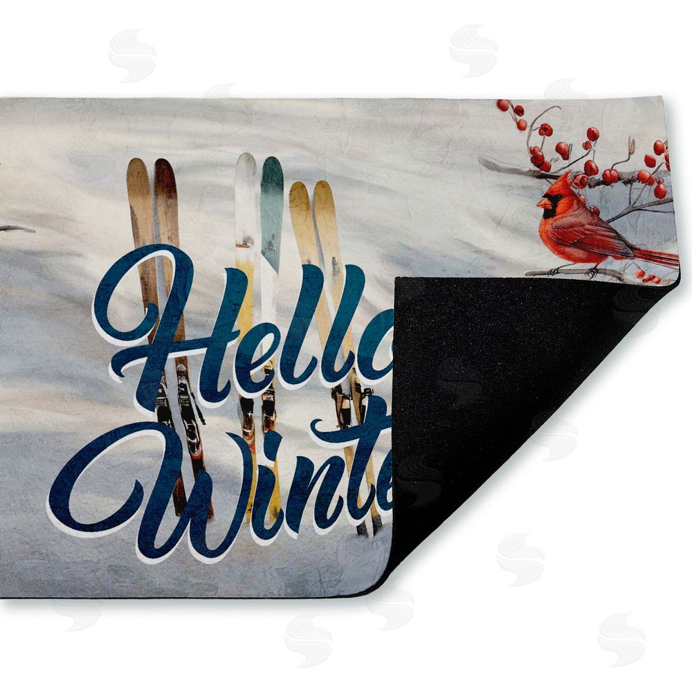 Kim Allen Hello Winter Cardinals & Skis Unwoven Outdoor Door Mat