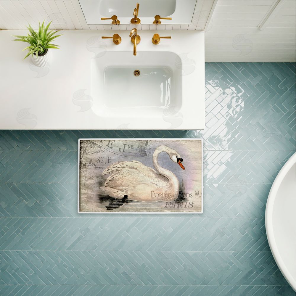 Suzanne Nicoll French Swan Vintage Motif Plush Bathroom Floor Mat