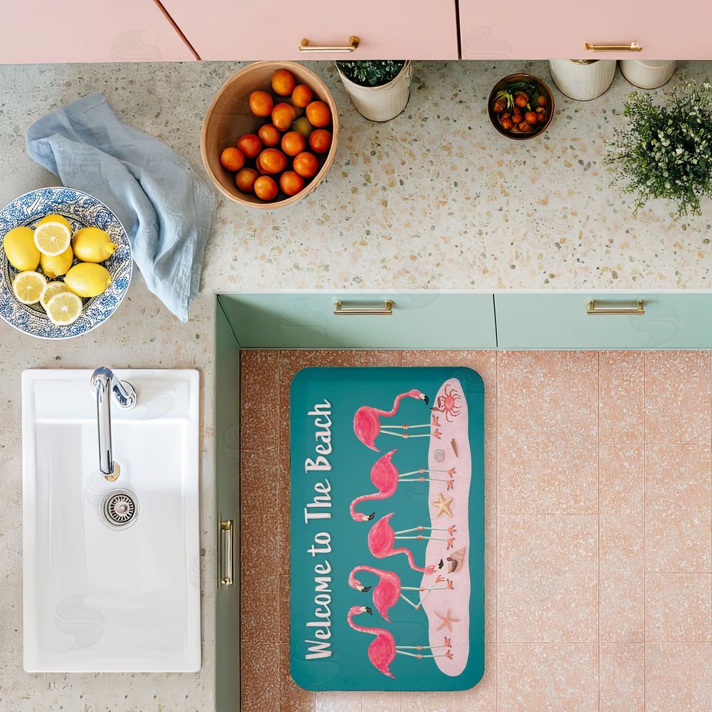 Darlene Seale Flamingo Beach Greetings Kitchen Floor Mat