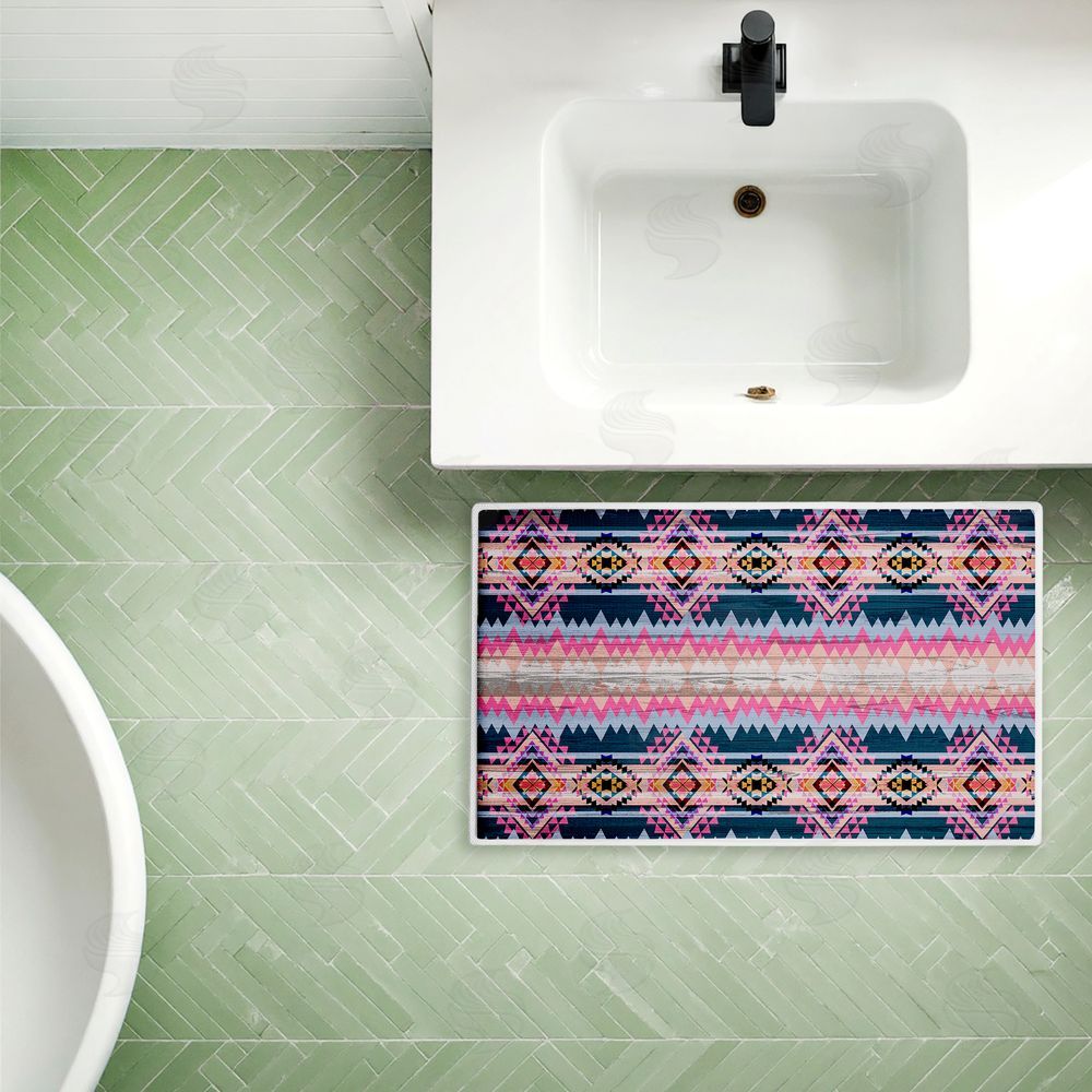 Jennifer Ellory Boho Geometric Pink & Blue Plush Bathroom Floor Mat