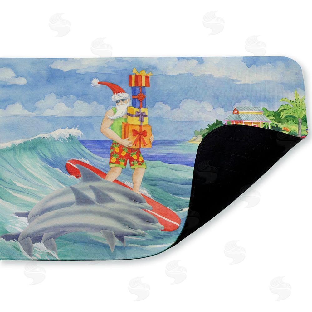 Paul Brent Surfing Santa & Dolphins Kitchen Floor Mat