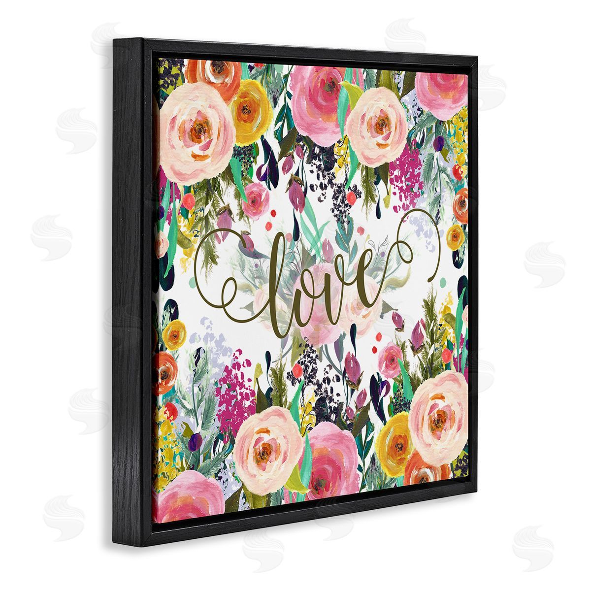 Elegant Love Floral Pattern Black Floating Frame Canvas Wall Art, Home Decor by Tara Moss