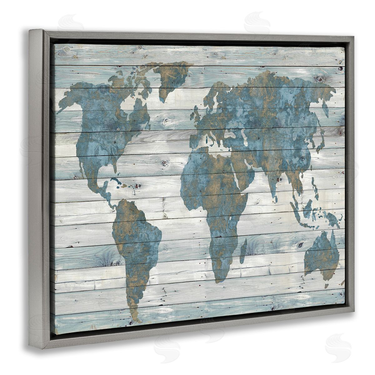 Slate Blue & Tan World Map Grey Floating Frame Canvas Wall Art, Home Decor by Jamie MacDowell