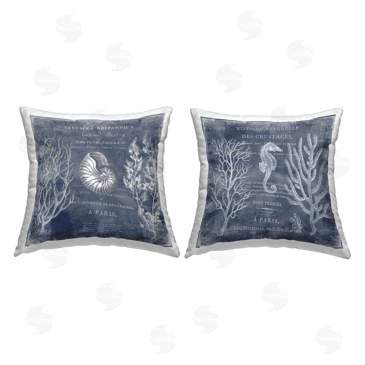 Vintage European Shells and Nautical Seahorse Decorative Printed Pillow, Home Decor by Deborah Devellier