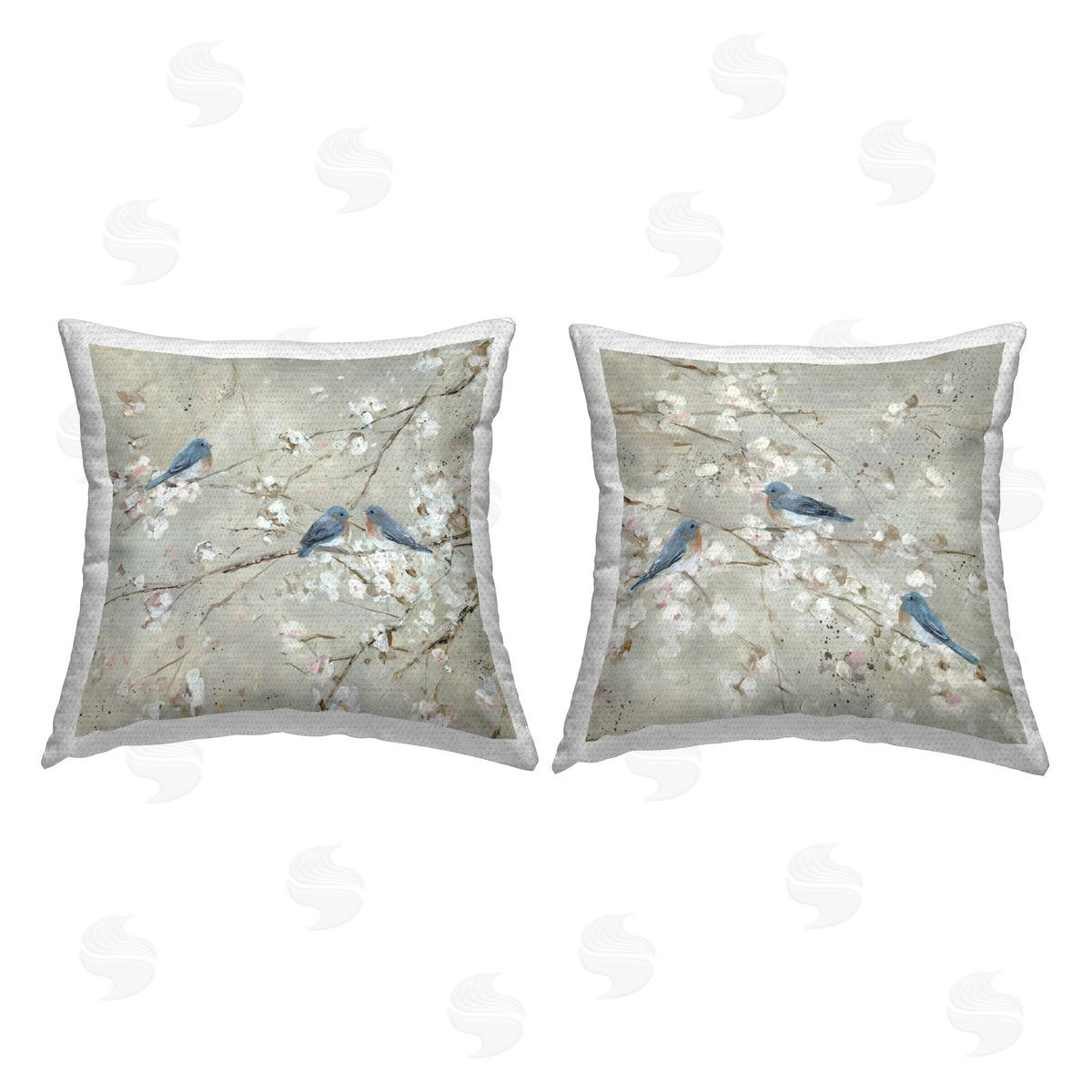 Blue Birds Perched Tree Blossoms Spring Scene Outdoor Printed Pillow, Home Decor by Sally Swatland